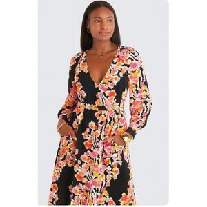 DYVNA Womens Pink Black Button Front 3/4 Sleeve Floral Silk Romper Dress 16